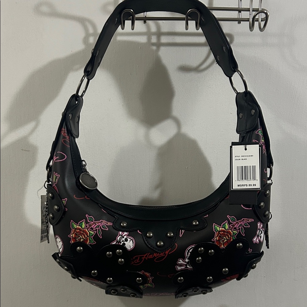 New Ed Hardy Black Floral Studded Shoulder Bag
